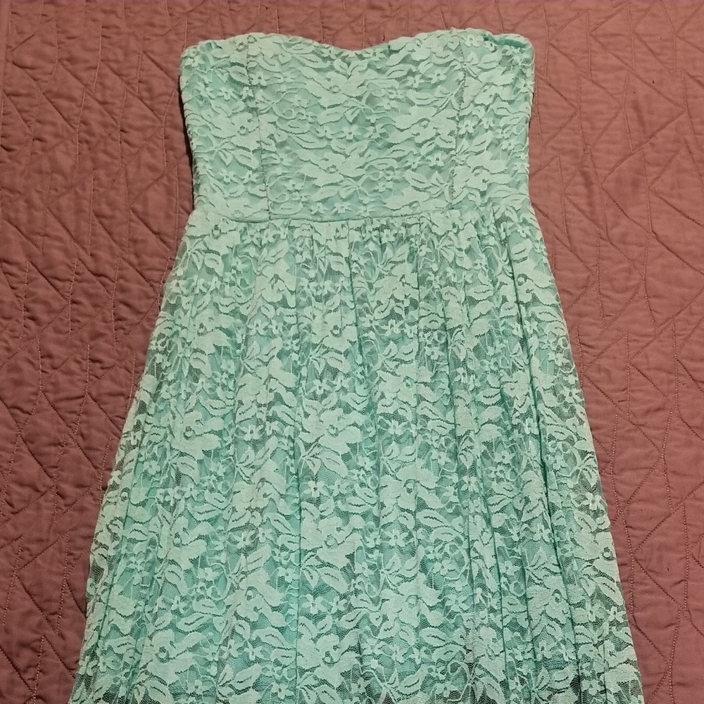 Teal floral lace strapless maxi dress